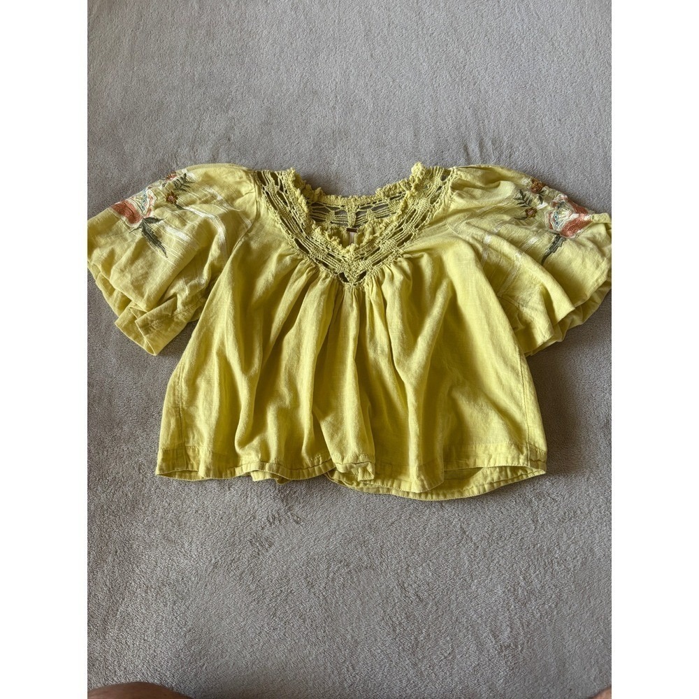 Free People Embroidered Top Crochet Trim Peasant Blouse Bohemian XS